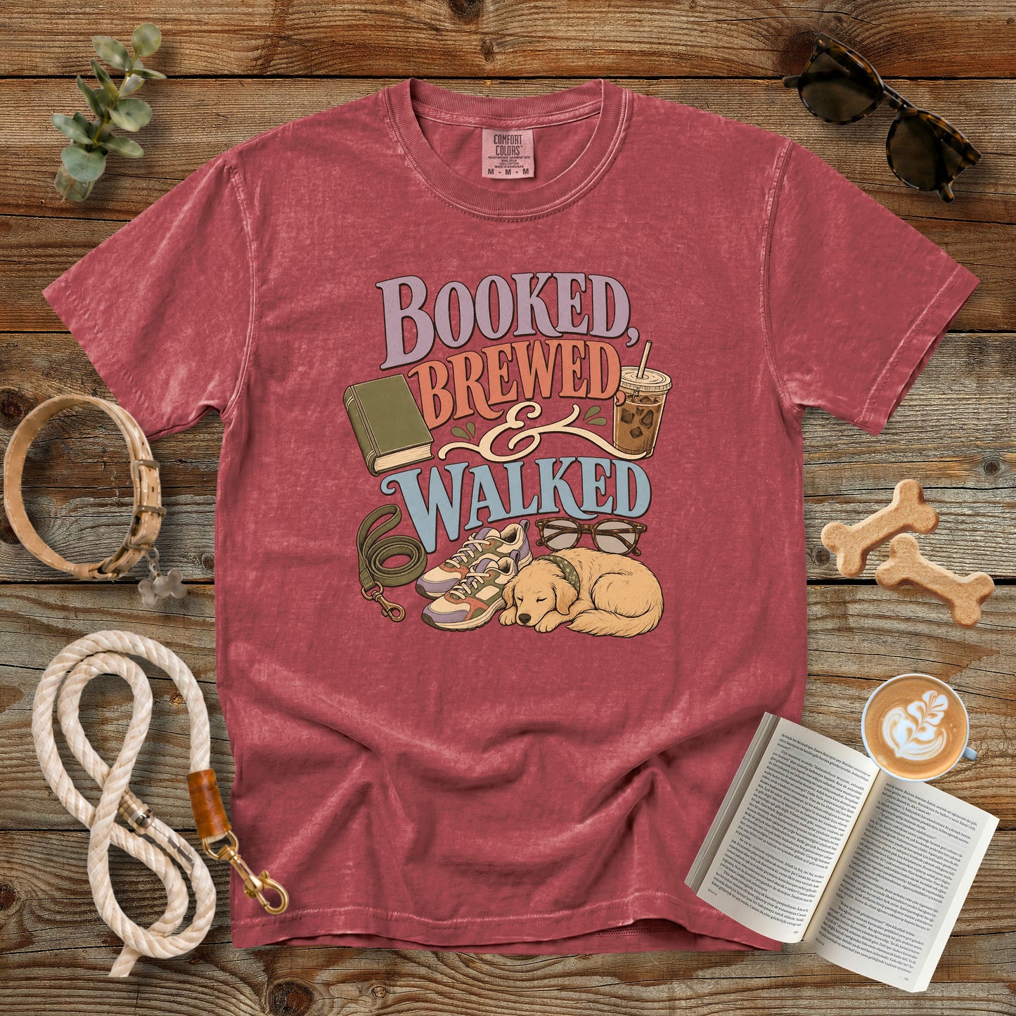 Booked, Brewed & Walked T-Shirt | Dog Mom Tee Comfort Colors 1717