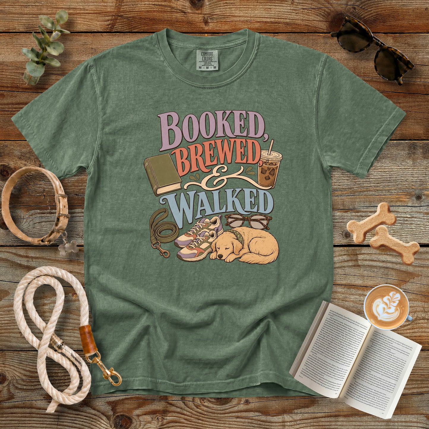 Booked, Brewed & Walked T-Shirt | Dog Mom Tee Comfort Colors 1717