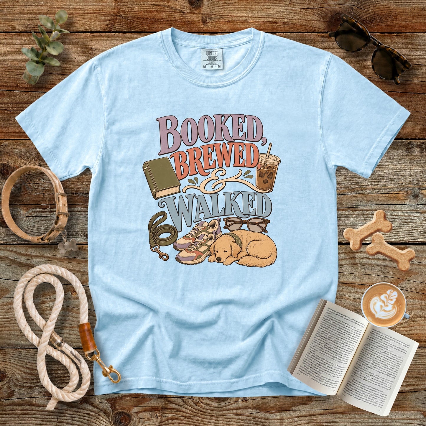 Booked, Brewed & Walked T-Shirt | Dog Mom Tee Comfort Colors 1717