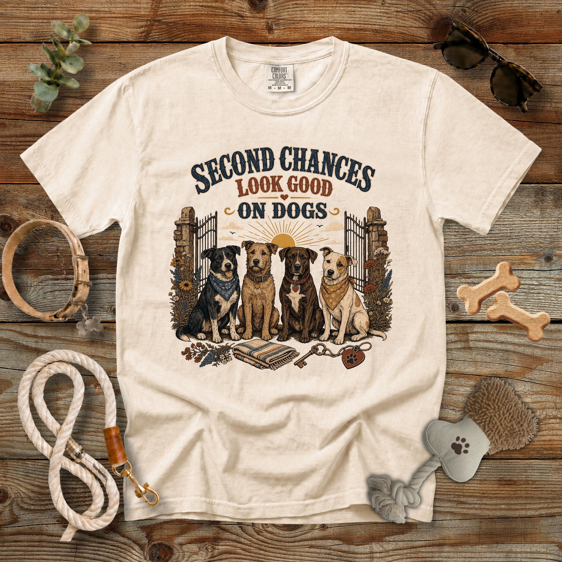 A cream-colored graphic t-shirt laid flat on a rustic wooden background, surrounded by dog-themed accessories including a leash, bone treats, sunglasses, and a brush. The t-shirt features a graphic of four dogs sitting in front of a gate with the text 'SECOND CHANCES LOOK GOOD ON DOGS'.