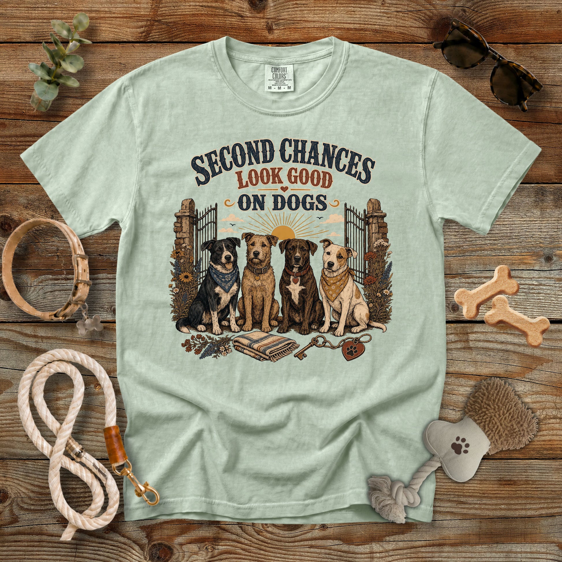 A light sage green graphic t-shirt laid flat on a rustic wooden background, surrounded by dog accessories like a leash, collar, bone-shaped treats, and a brush. The t-shirt features a graphic of four dogs and the text 'SECOND CHANCES LOOK GOOD ON DOGS'.
