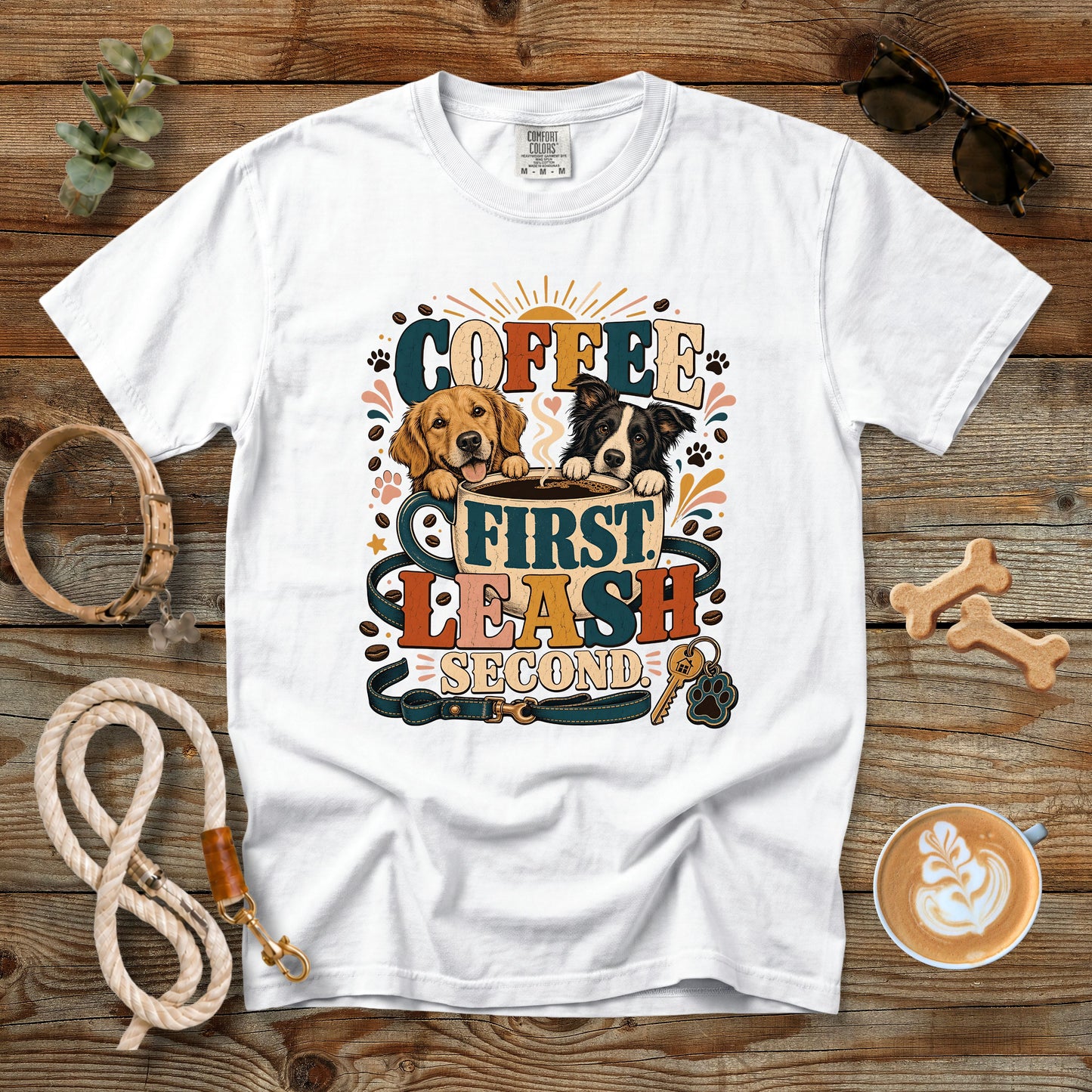 Coffee First Leash Second T-Shirt | Dog Mom Comfort Colors 1717