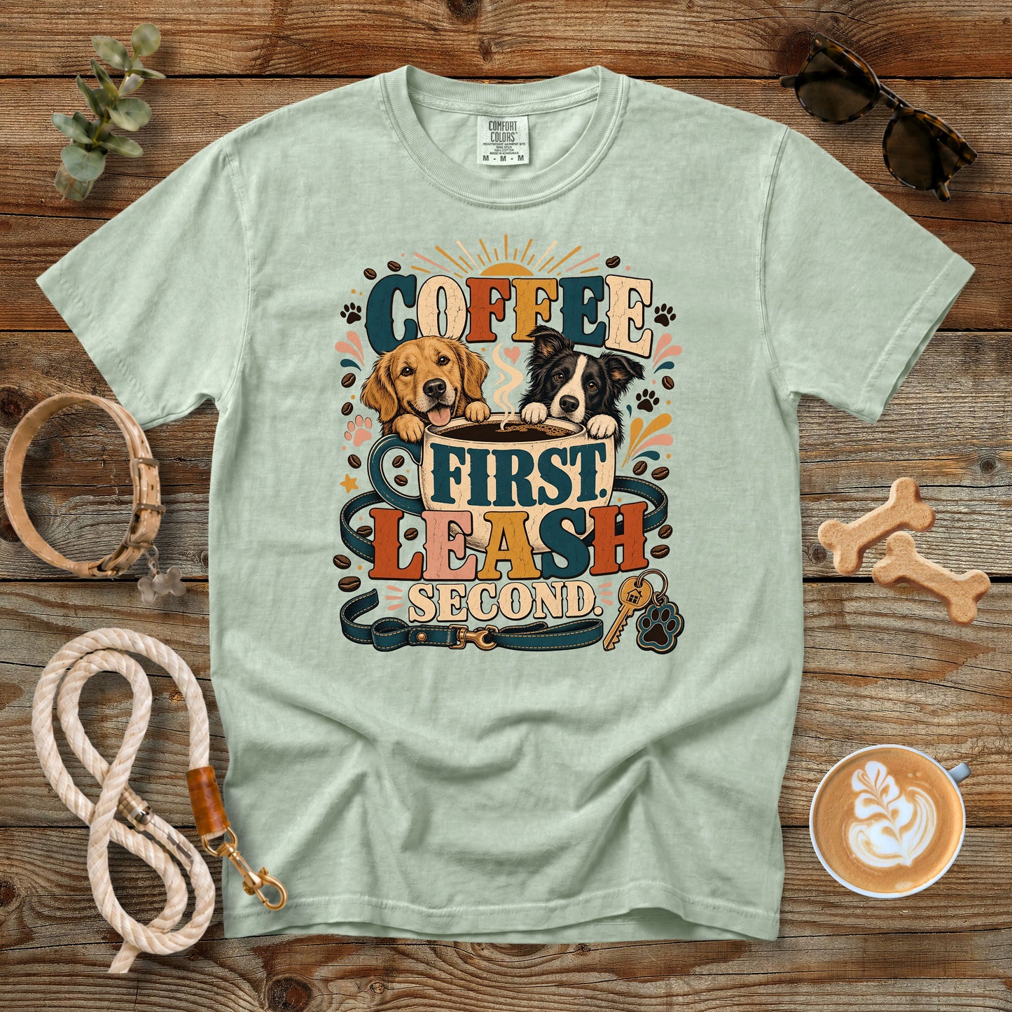 Coffee First Leash Second T-Shirt | Dog Mom Comfort Colors 1717