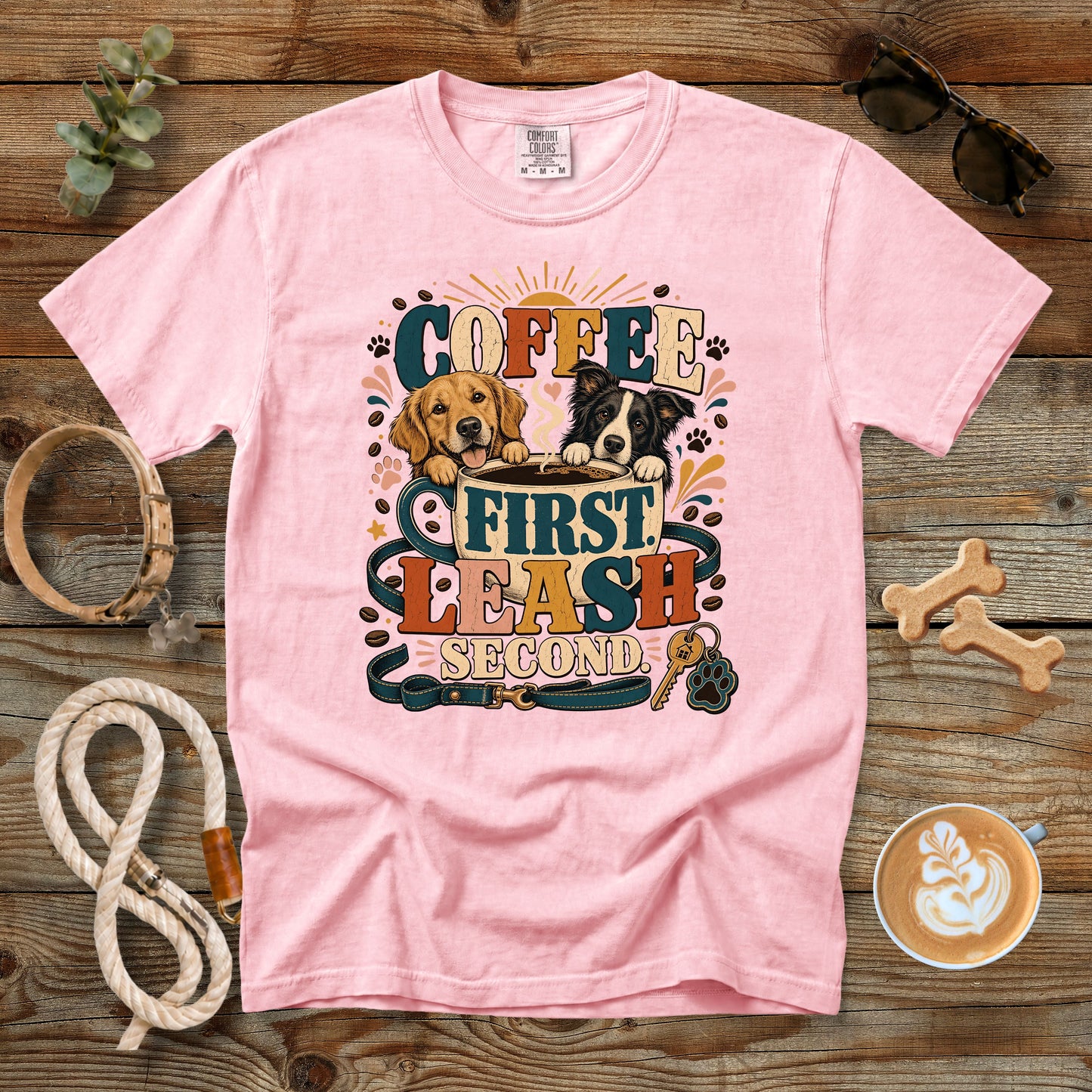 Coffee First Leash Second T-Shirt | Dog Mom Comfort Colors 1717