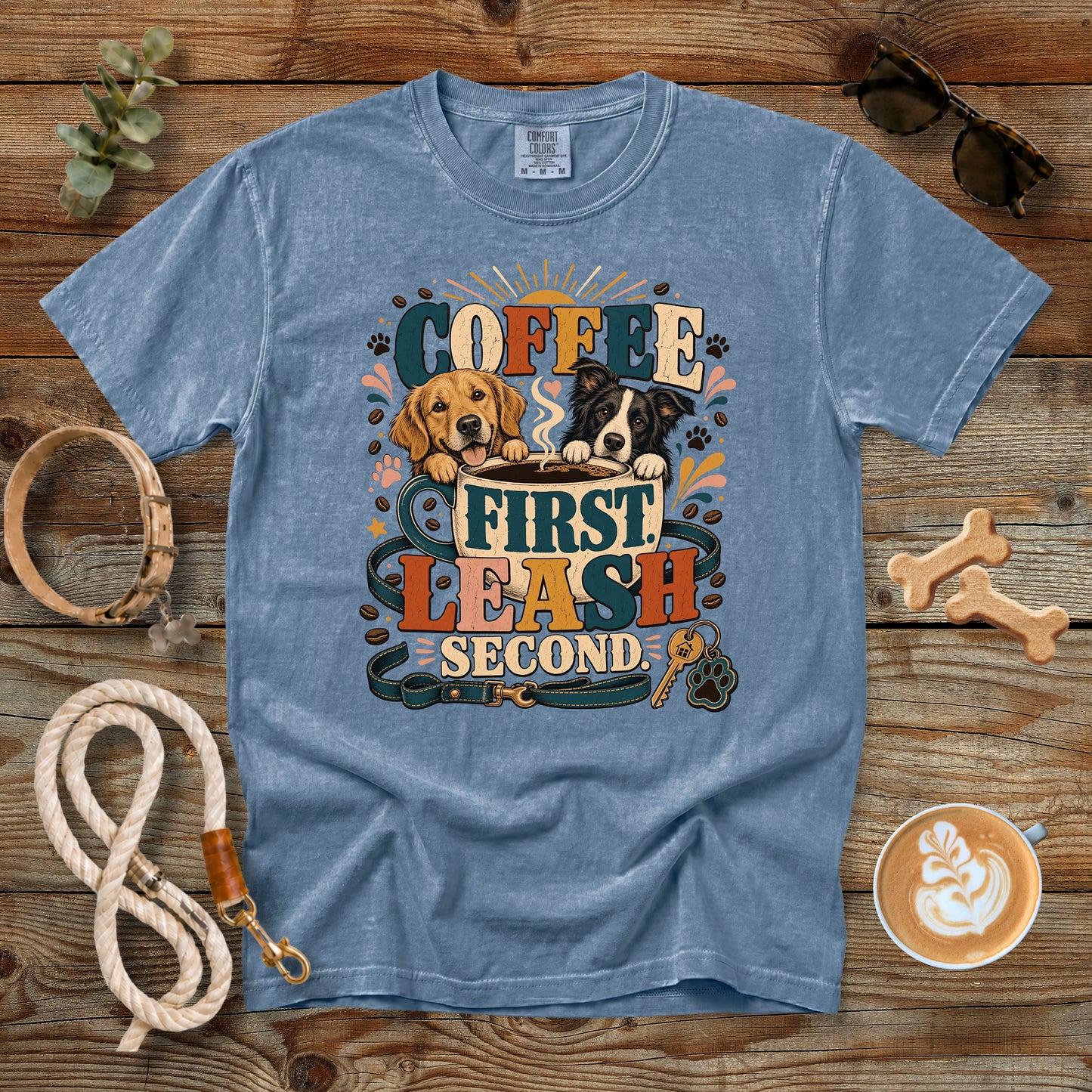 Coffee First Leash Second T-Shirt | Dog Mom Comfort Colors 1717