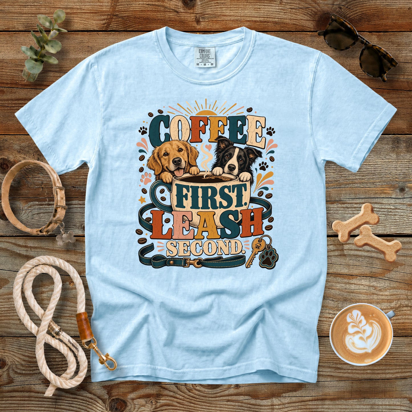 Coffee First Leash Second T-Shirt | Dog Mom Comfort Colors 1717
