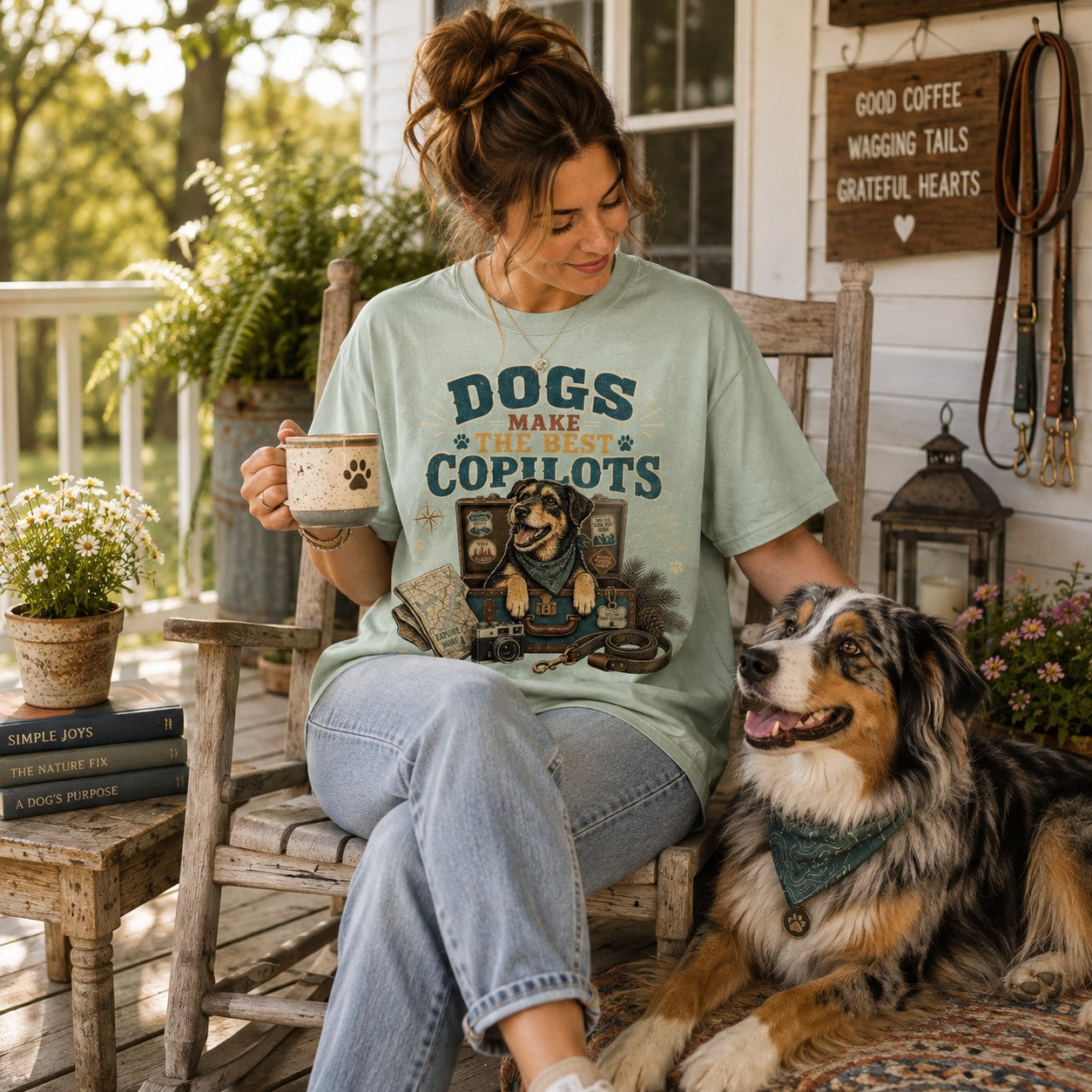 A woman sitting on a rustic wooden porch chair next to a dog, wearing a sage green graphic t-shirt that reads 'DOGS MAKE THE BEST COPILOTS'. The scene is set on a sunny, decorated porch with plants, a lantern, and a horse blanket in the background.
