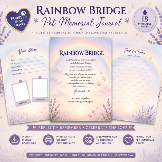 Pet Memorial Journal Digital Download, Rainbow Bridge Printable Keepsake