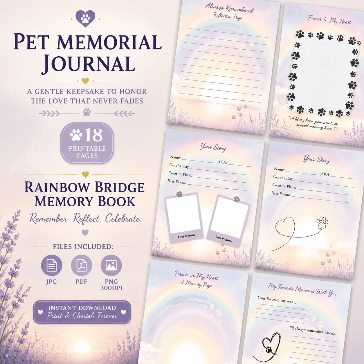 Pet Memorial Journal Digital Download, Rainbow Bridge Printable Keepsake