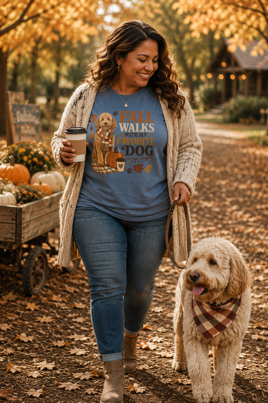 Fall Walks With My Favorite Dog T-Shirt | Comfort Colors 1717 Dog Mom Fall Shirt