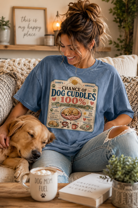 Chance of Dog Cuddles T-Shirt | Funny Dog Mom Comfort Colors 1717 Tee