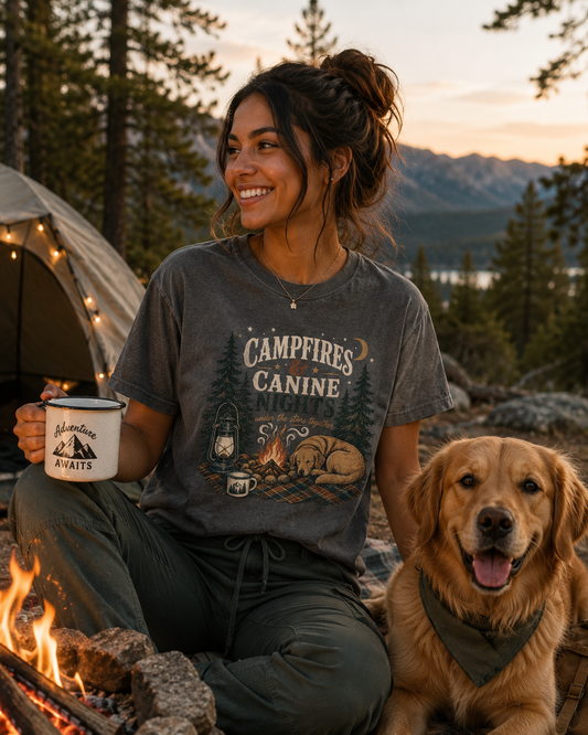 Campfires & Canine Nights T-Shirt | Comfort Colors 1717 Camping Dog Mom Tee