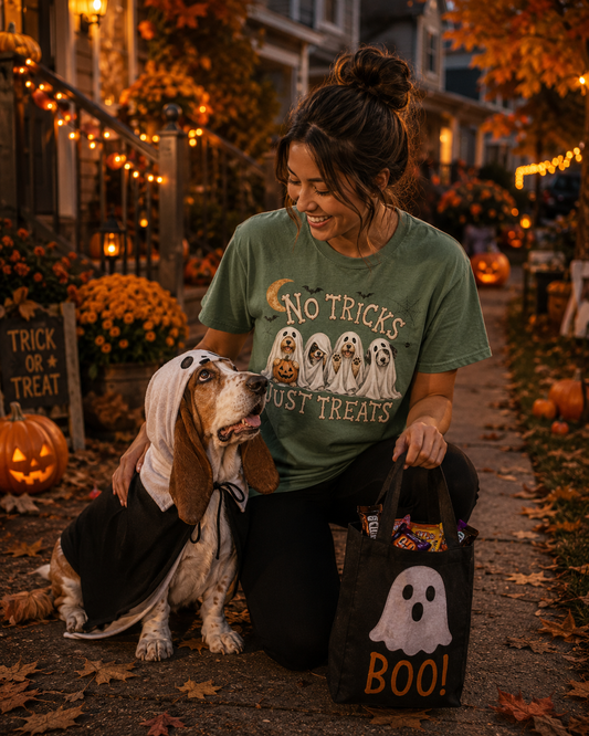 No Tricks Just Treats Ghost Dogs Halloween T-Shirt | Comfort Colors 1717