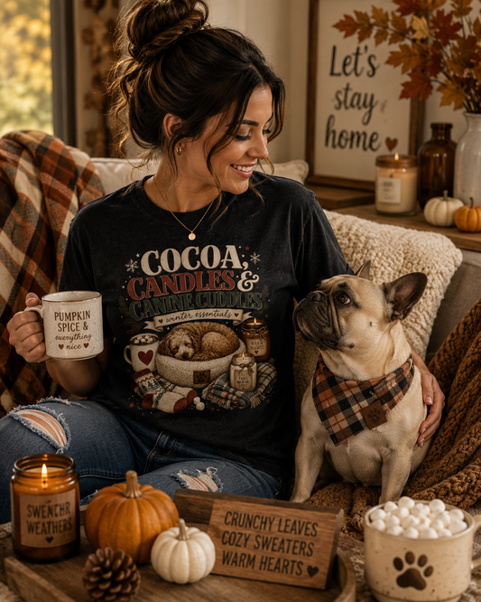 Cocoa Candles & Canine Cuddles T-Shirt | Comfort Colors 1717 Dog Mom Winter Tee