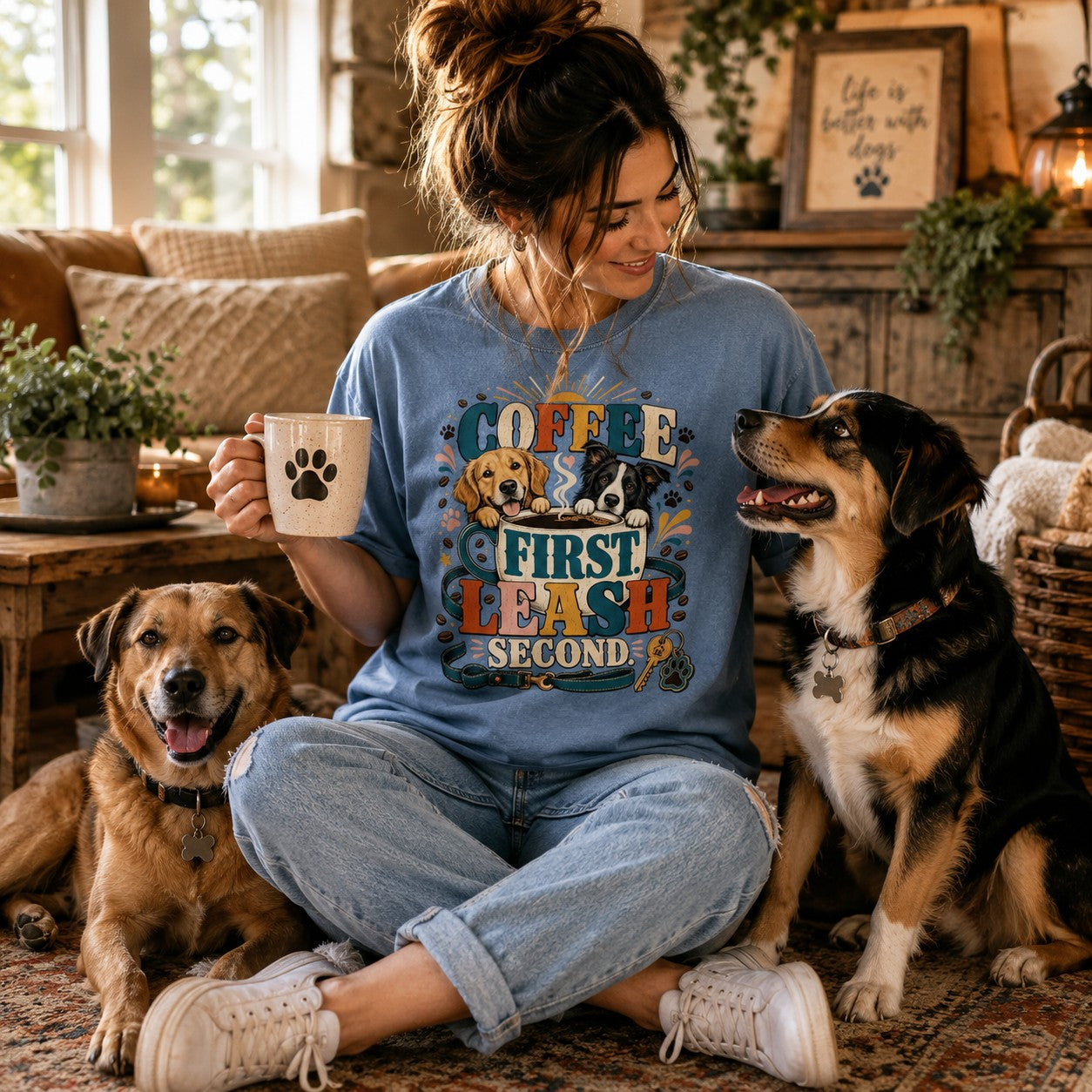 Coffee First Leash Second T-Shirt | Dog Mom Comfort Colors 1717