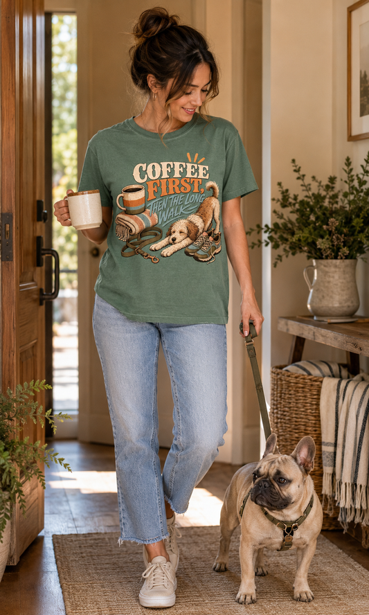Coffee First, Then the Long Walk T-Shirt | Dog Mom Tee Comfort Colors 1717
