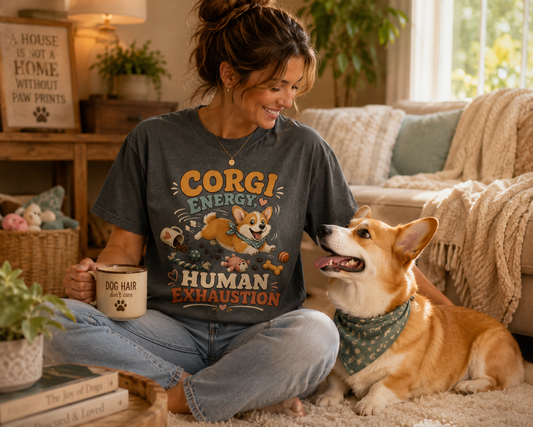 Corgi Energy Human Exhaustion T-Shirt | Funny Corgi Mom Comfort Colors 1717