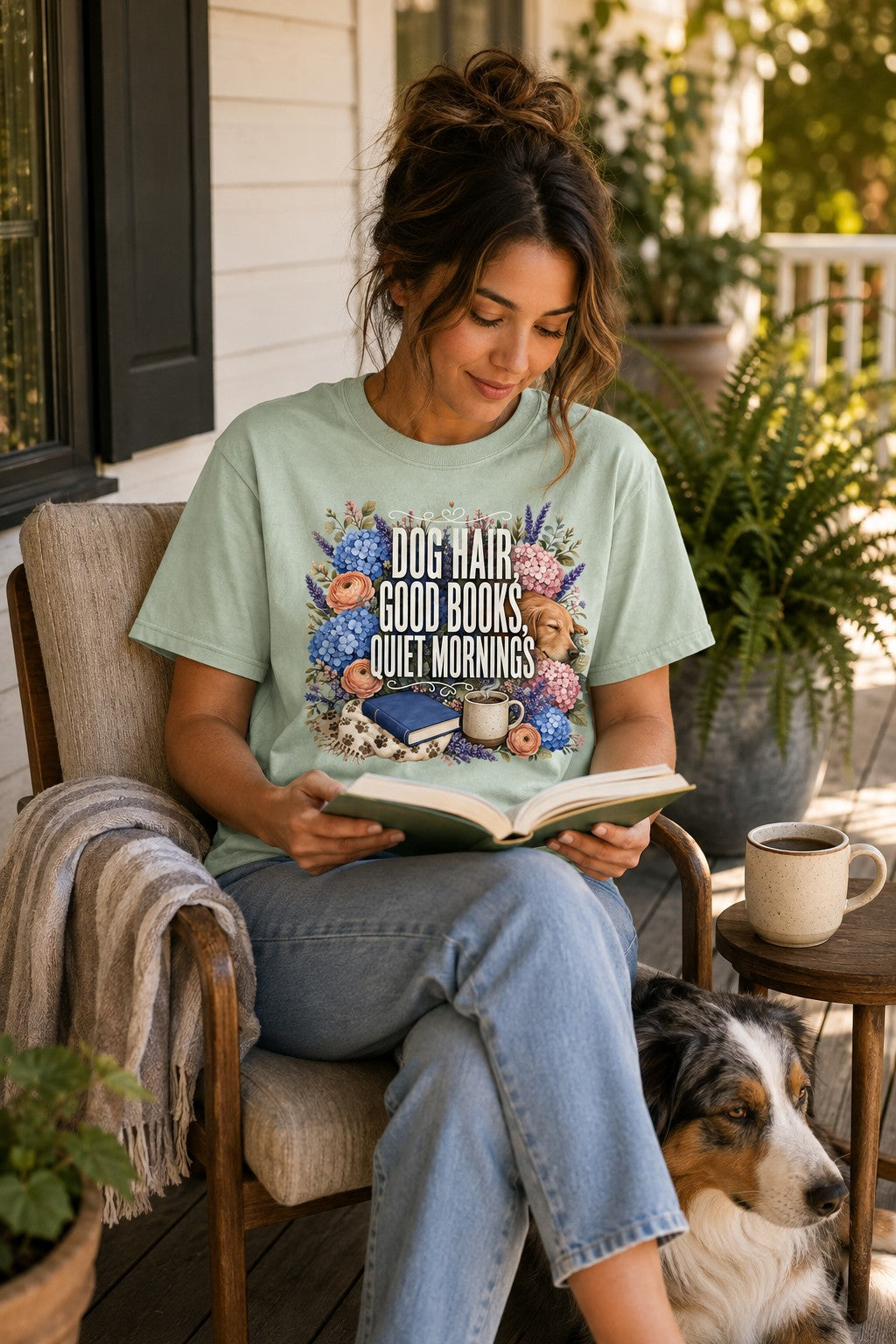 Dog Hair, Good Books, Quiet Mornings T-Shirt | Dog Mom Tee Comfort Colors 1717