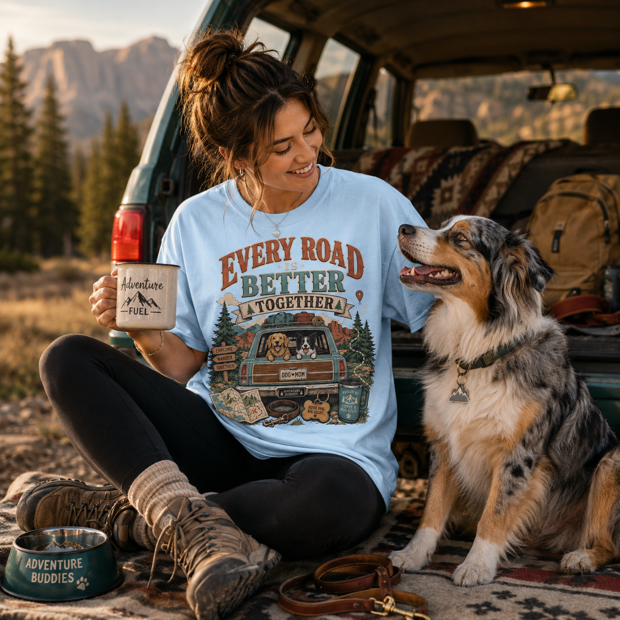 A woman sitting in the back of a van with her dog wears a light blue graphic T-shirt that reads 'EVERY ROAD IS BETTER TOGETHER' with a camping truck and trees on the front. She holds a mug, and a dog bowl labeled 'Adventure Buddies' sits nearby.