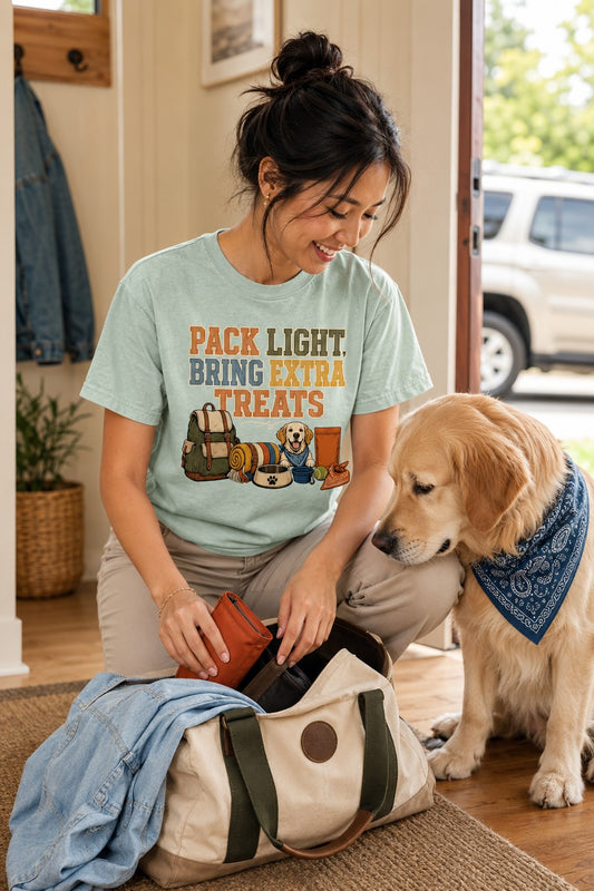 Pack Light, Bring Extra Treats T-Shirt | Dog Mom Tee Comfort Colors 1717