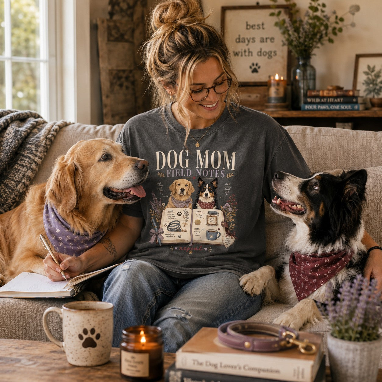 A woman sitting on a couch with two dogs, wearing a dark gray graphic t-shirt that reads 'DOG MOM FIELD NOTES'. The scene is styled as a cozy home interior with a coffee table, books, and home decor in the background.