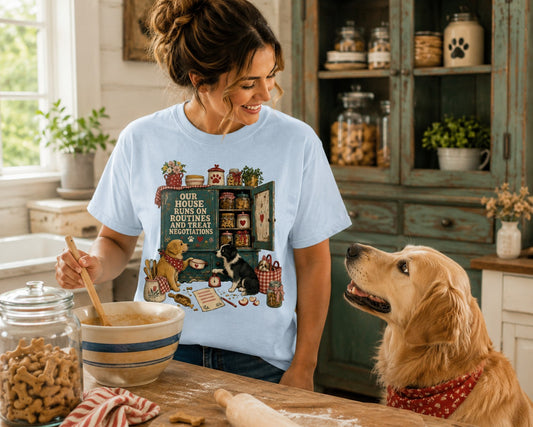 Our House Runs on Routines and Treat Negotiations T-Shirt | Comfort Colors 1717 Dog Mom Tee