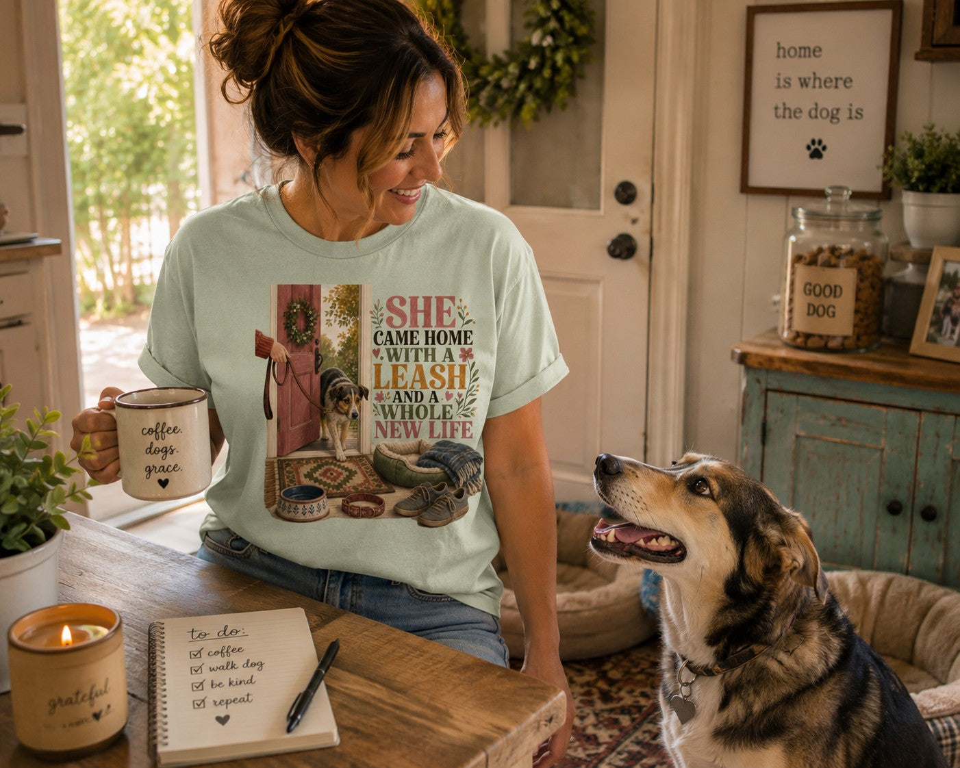 She Came Home With a Leash and a Whole New Life T-Shirt | Comfort Colors 1717 Dog Mom Tee