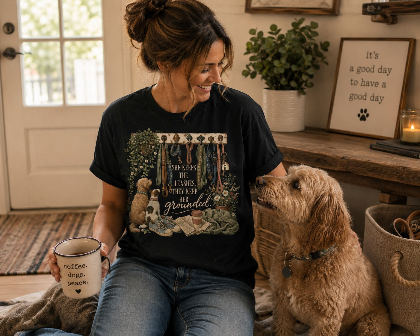 She Keeps the Leashes They Keep Her Grounded T-Shirt | Comfort Colors 1717 Dog Mom Tee