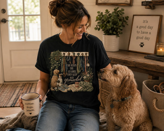 She Keeps the Leashes They Keep Her Grounded T-Shirt | Comfort Colors 1717 Dog Mom Tee