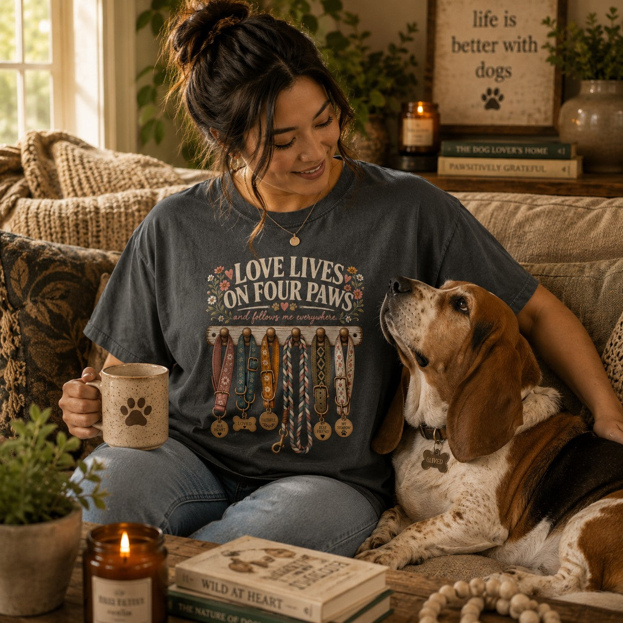 A woman sitting on a couch with a Basset Hound, wearing a dark gray graphic t-shirt that reads 'LOVE LIVES ON FOUR PAWS' with dog collar illustrations. She holds a mug in a cozy living room setting.