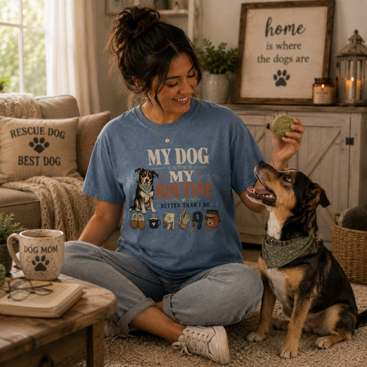 A woman sitting on a carpeted floor in a cozy living room, wearing a blue graphic t-shirt that reads 'MY DOG KNOWS MY ROUTINE' with a dog and paw print illustration. She is holding a tennis ball for a black and tan dog wearing a green bandana.
