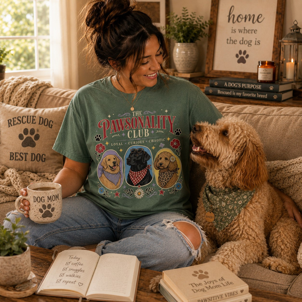 A woman sits on a couch with her dog wearing a green graphic T-shirt that reads 'The Pawsonality Club' with dog portraits and paw prints. The scene is styled with cozy home decor, books, and a mug labeled 'Dog Mom'.
