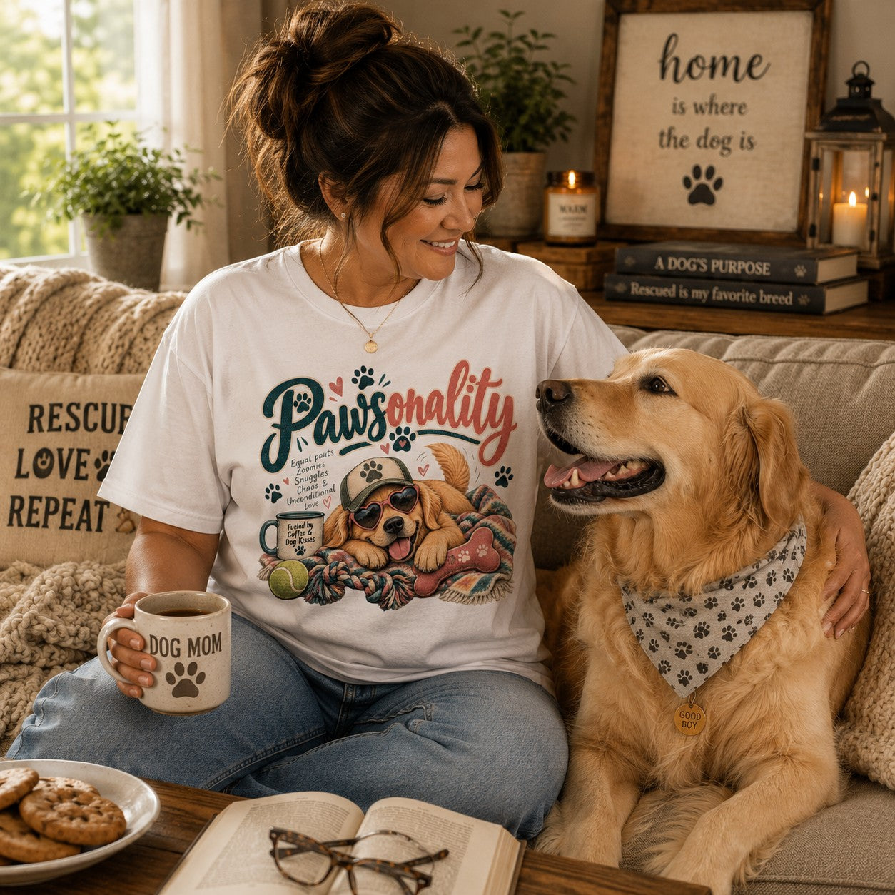 A woman sitting on a couch with her golden retriever dog, wearing a white graphic T-shirt that reads 'Pawsonality' with a cartoon dog illustration. The dog wears a patterned bandana.