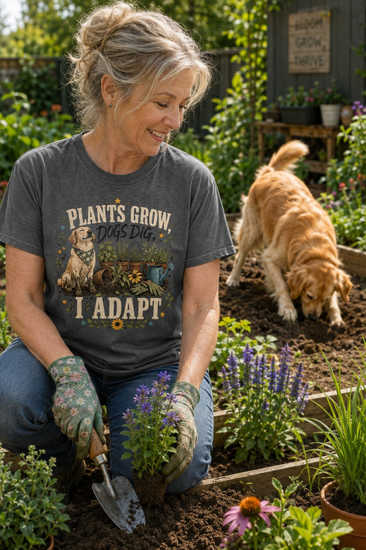 Plants Grow, Dogs Dig, I Adapt T-Shirt | Dog Mom Tee Comfort Colors 1717