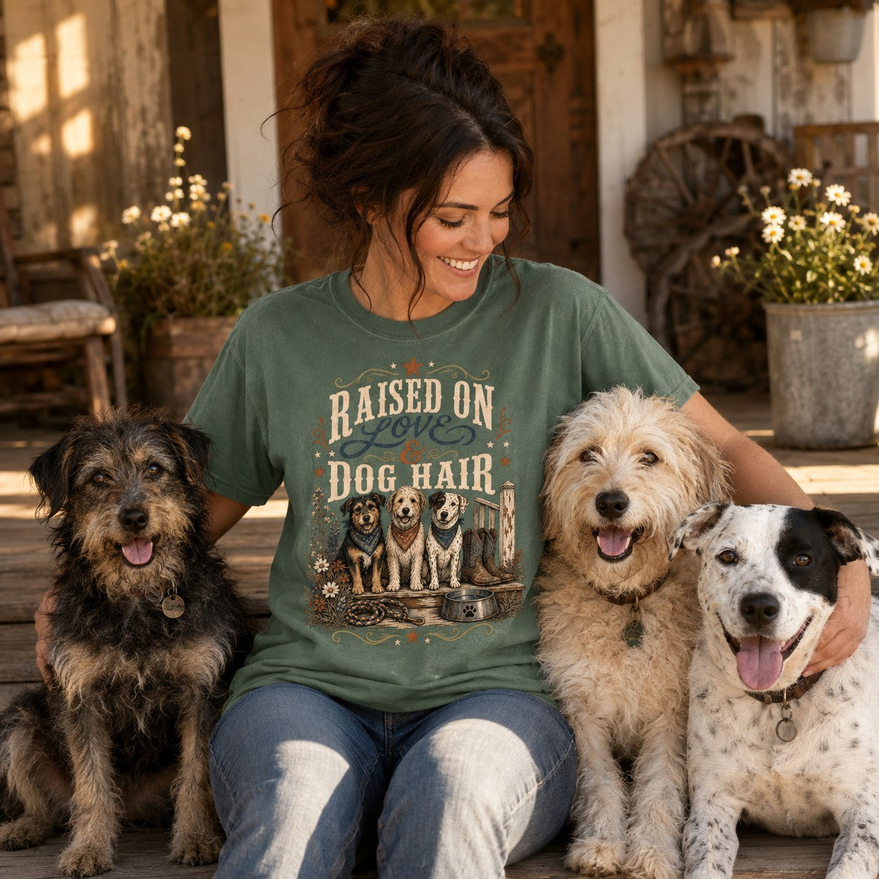 A woman sitting on a rustic porch with three dogs, wearing a sage green graphic t-shirt that reads 'RAISED ON LOVE & DOG HAIR' above an illustration of three dogs.