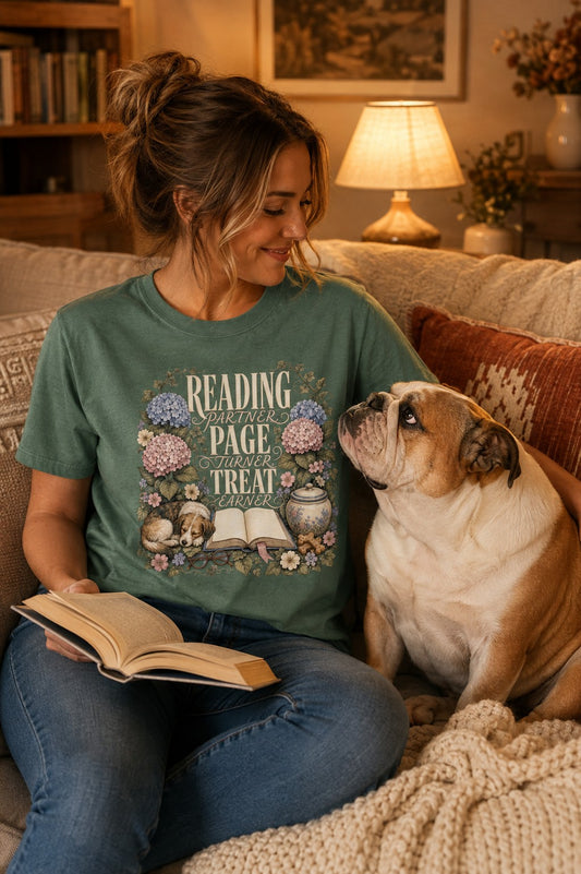 Reading Partner Page Turner Treat Earner T-Shirt | Dog Mom Tee Comfort Colors 1717