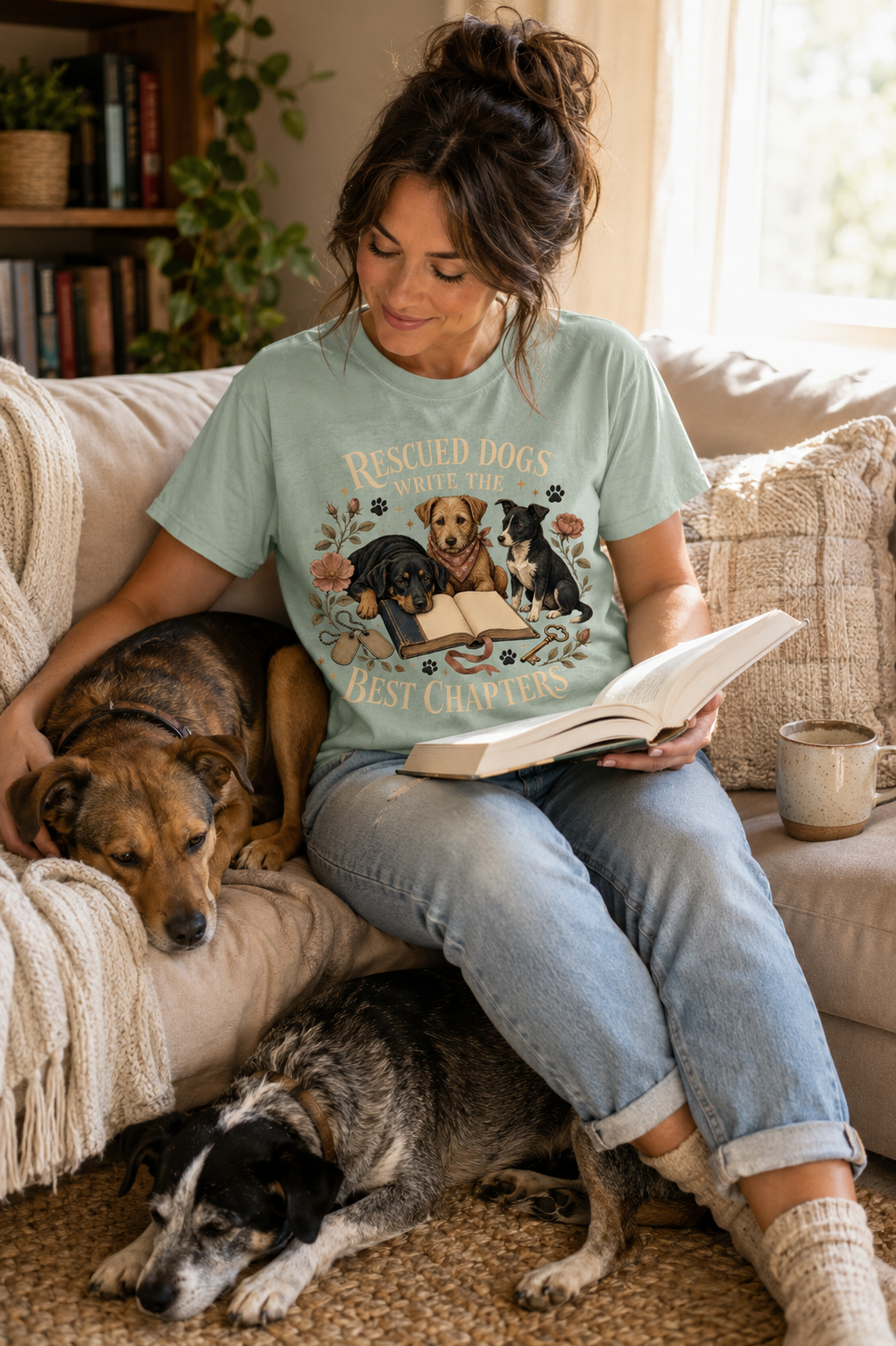 Rescued Dogs Write the Best Chapters T-Shirt | Dog Mom Tee Comfort Colors 1717