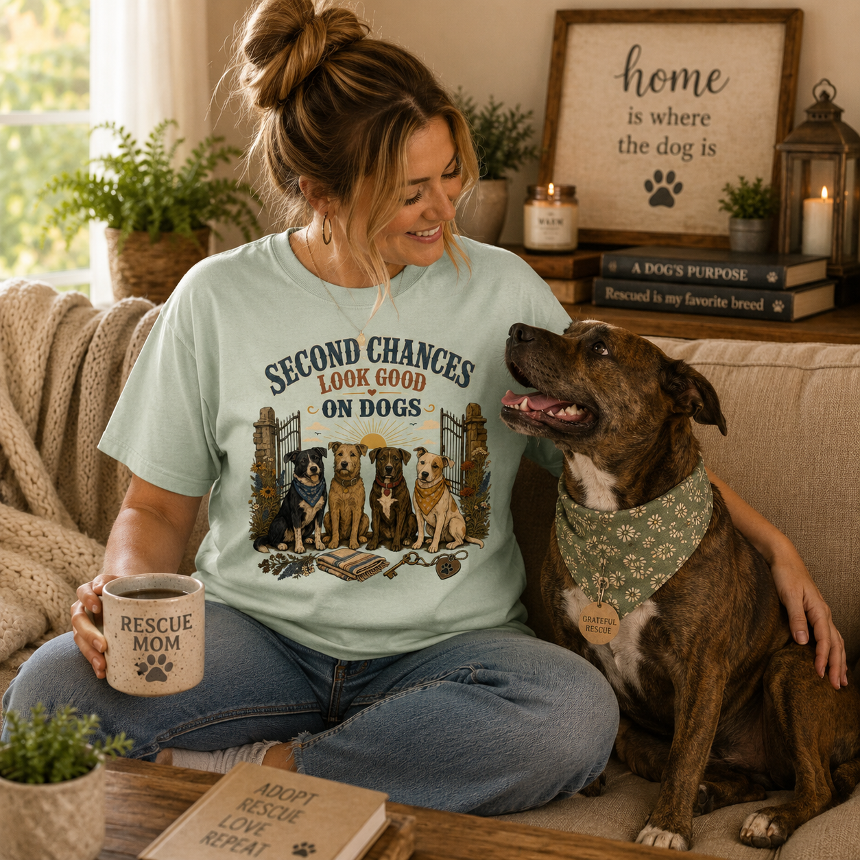 A woman sitting on a couch with her dog wearing a light blue graphic t-shirt that reads 'SECOND CHANCES LOOK GOOD ON DOGS' with an illustration of several dogs. The woman holds a mug that says 'RESCUE MOM'.