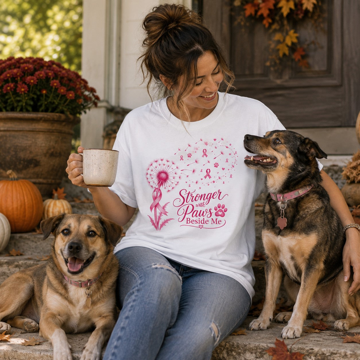 A woman sitting on a porch step with two dogs, wearing a white graphic T-shirt with a pink dandelion and ribbon design that reads 'Stronger With Paws Beside Me.' Breast Cancer Awareness Shirt
