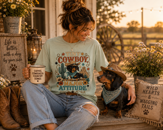 Tiny Cowboy Major Attitude T-Shirt | Funny Dachshund Cowgirl Comfort Colors 1717