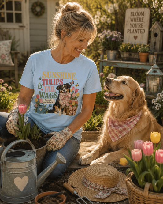 Sunshine, Tulips & Tail Wags T-Shirt | Comfort Colors 1717 Dog Mom Spring Graphic Tee